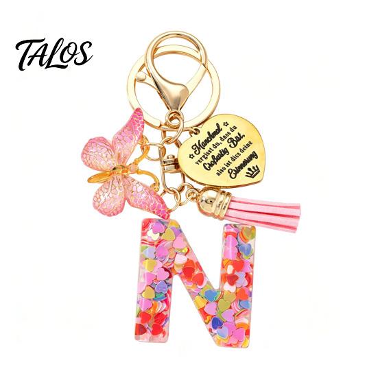 Talos Keychain Pendant, Sequins Initial Letter Charm Key Chain with Butterfly Tassel Stainless Steel Heart Design, A-Z Holder for Bag Purse Backpack