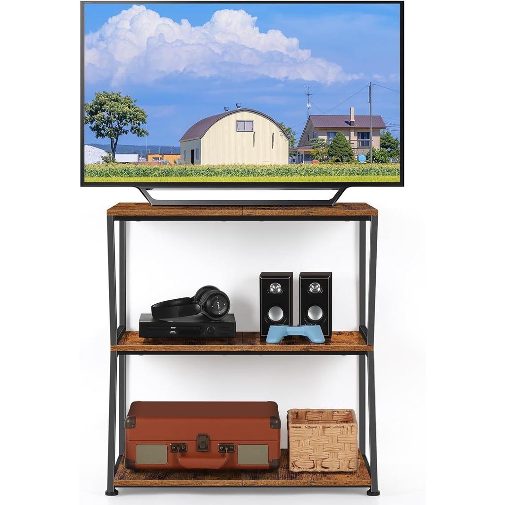 3-Tier Rustic Media Stand | Corner AV Cabinet W/ Storage Shelves | for Stereo/Game Consoles/DVD/Record Player | Brown