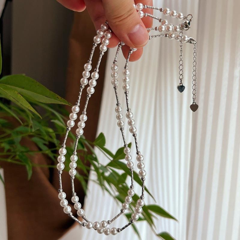 Silver Tone Twisted Chain Spaced Faux Pearl Choker Necklace