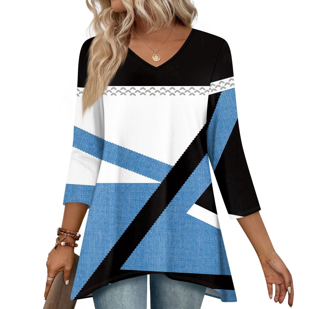 Women 3/4 Sleeve Tunic Prints Tops For  Loose Fit Casual Blouses V Neck T Shirts With Asymmetrical Hem