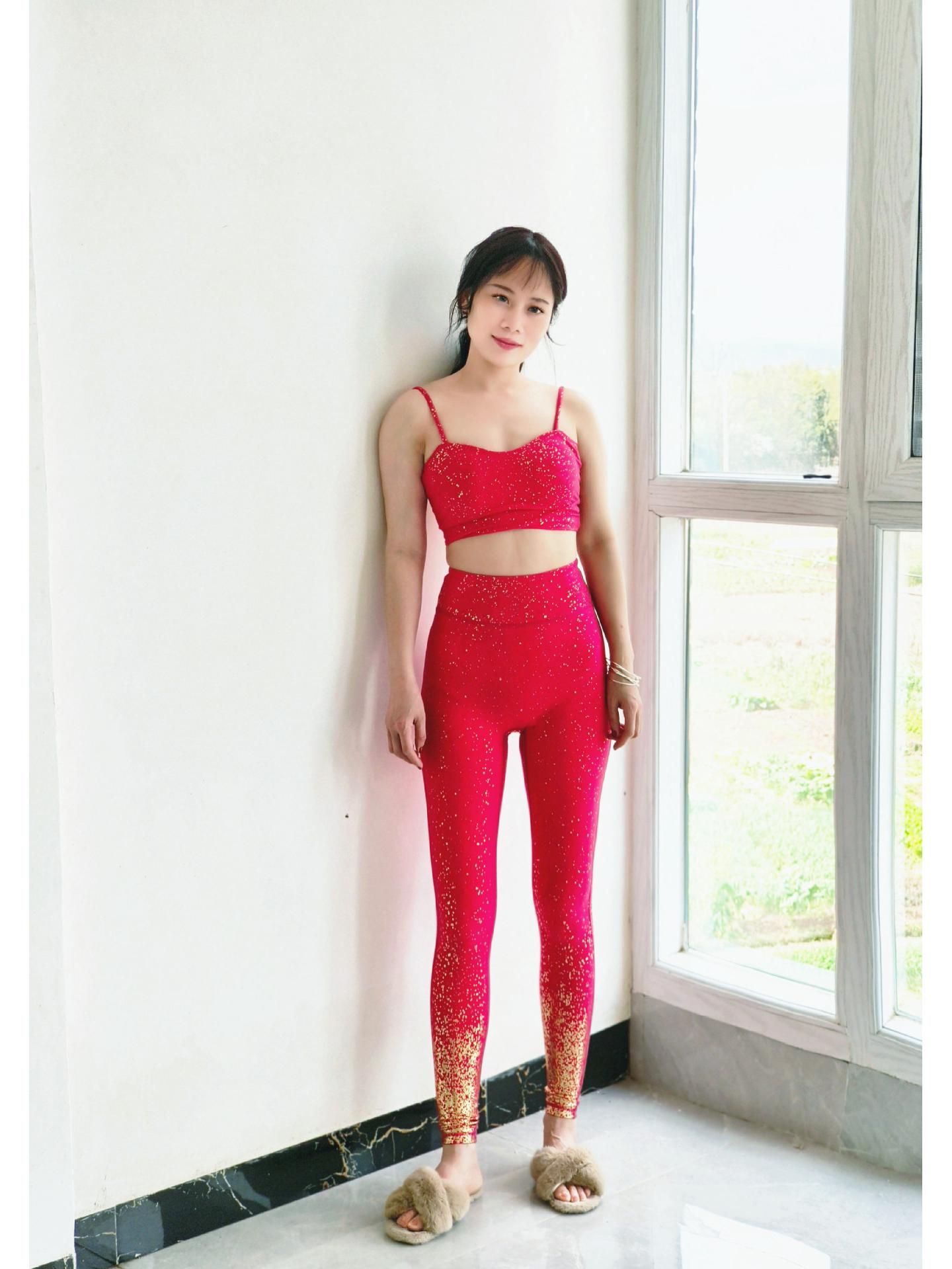 

Женский блестящий комплект для йоги: Брюки со средней и высокой посадкой для фитнеса на открытом воздухе Extra Large персиковый