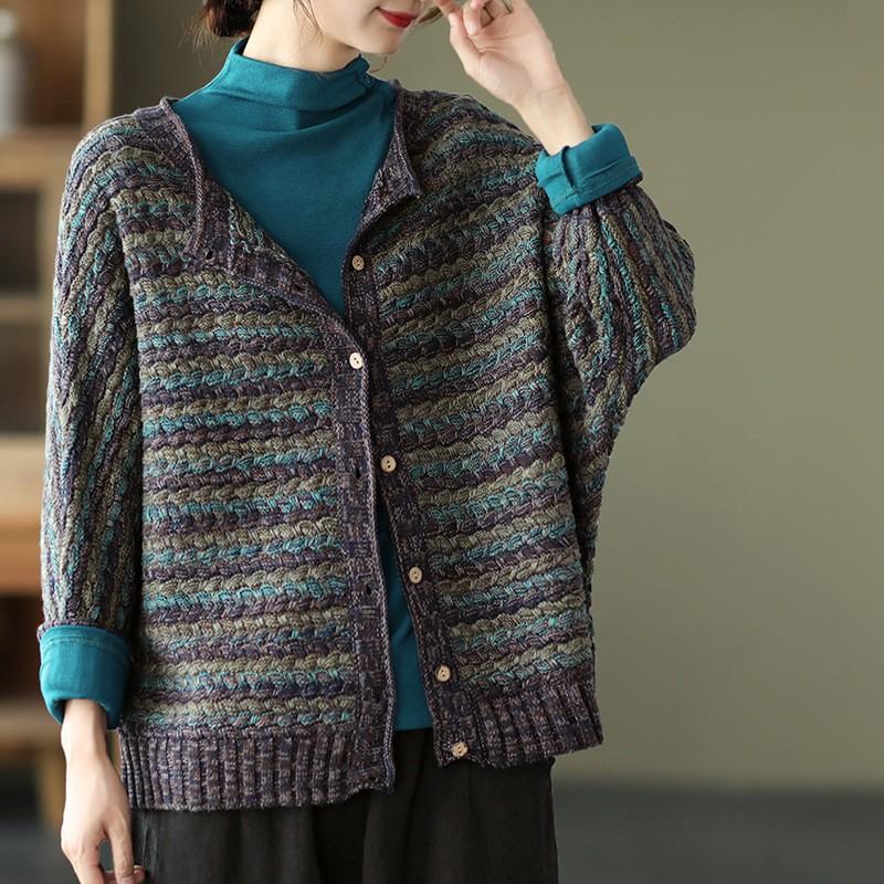 

Johnature женские винтажные полосатые свитера кардиган с круглым вырезом и рукавами «летучая мышь» свободные осенние пальто хлопковые вязаные свитера One Size зелёный