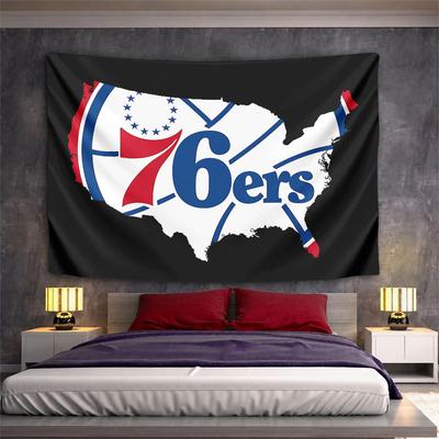 The Pattern Is a USA Map Outline Featuring the 76ers Logo with Basketball Lines. Patterned Tapestry for Bedroom and Living Room Home Decor