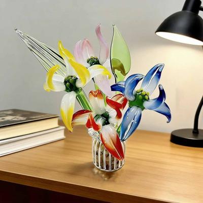 Decorazione Floreale Orchidea in Vetro Fatta a Mano Soffiata a Bocca Mini Ornamento Floreale con Gambo Figurine Colorate a Fioritura per Casa Ufficio Interno