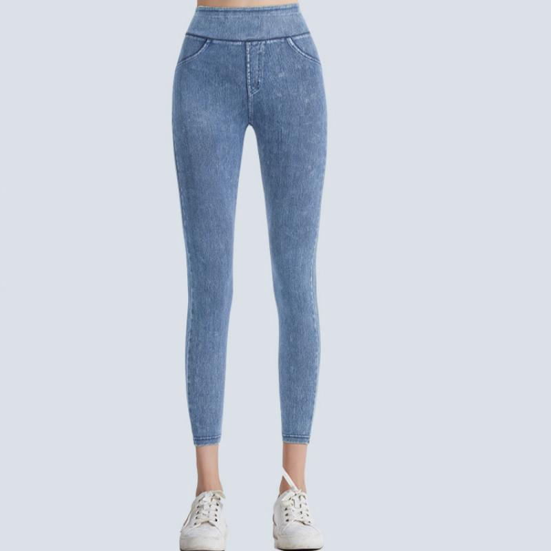 

Жіночі джинси з високою талією та штучними джинсами, щільні, для схуднення, підняття стегон, живота, еластичні, верхній одяг, подвійні кишені для фітнесу, повсякденні штани XXXL світло-синій колір
