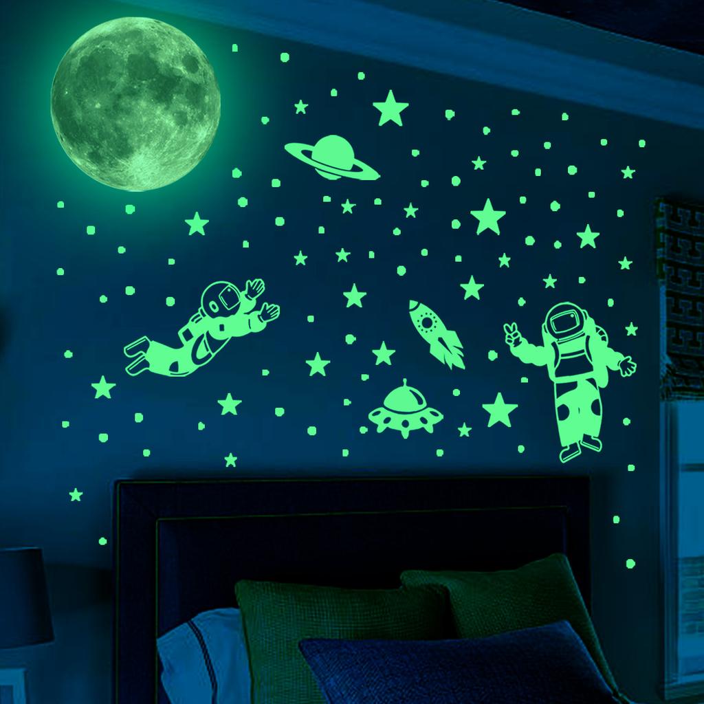 Cartoon Luminous Sticker Planet Moon Astronaut Wall Sticker Children's Room Bedroom Fluorescent Self-adhesive Wall Sticker