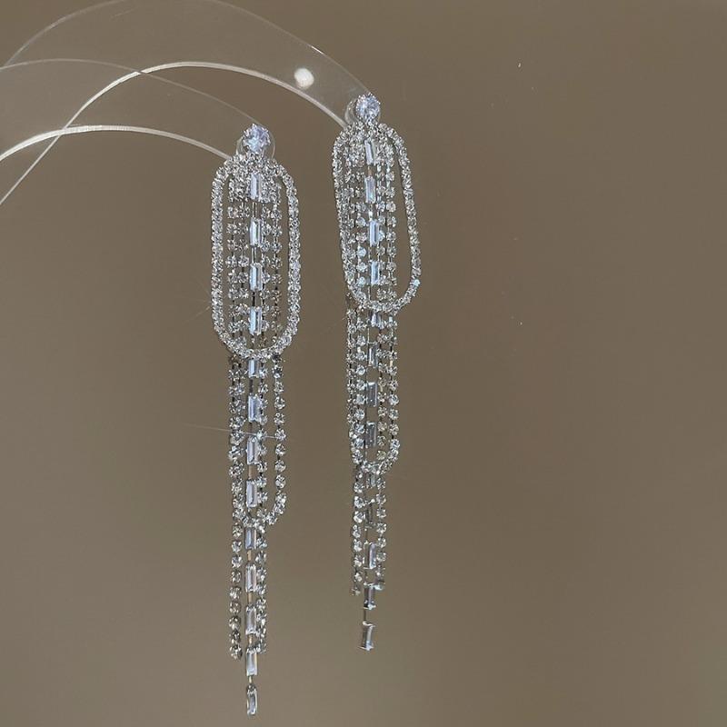 Silver Needle Diamond Flower Water Drop Tassel Earrings Exaggerated Earrings Light Luxury Premium Earrings Women