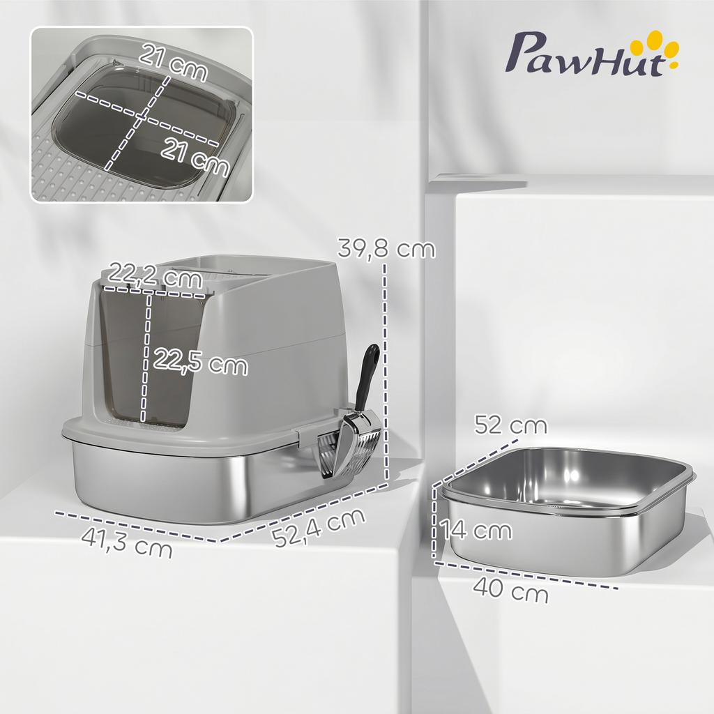 Large Stainless Steel Cat Litter Box, Hinged Lid, Metal Scoop, Deodorizing Bag, Light Gray