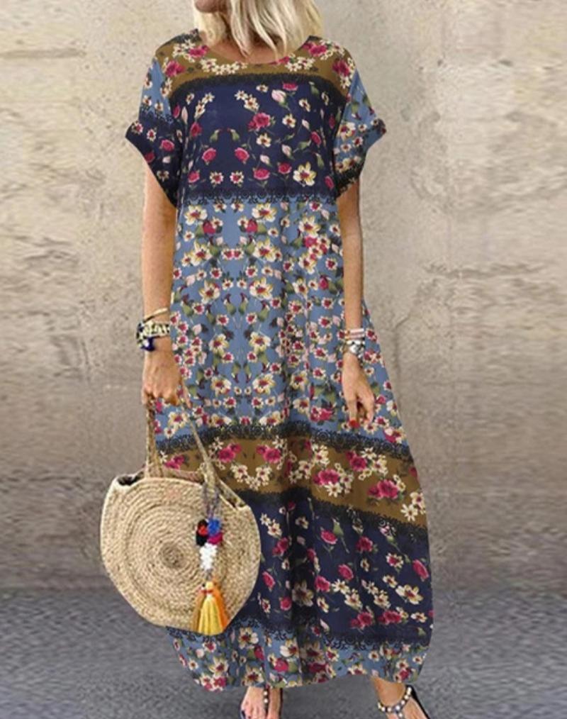Plus Size Summer Loose Long Sleeve Round Neck Floral Print Casual Women's Holiday Beach Dress Vintage Style Maxi Dress