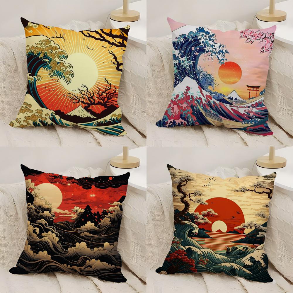 Japanese Waves Cushion Cover Silky Short Plush DoubleSided Printed Pillow Case for Sofa All Seasons Home Decor Gift