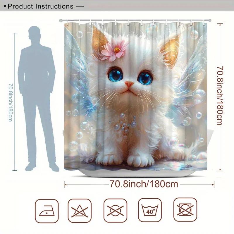 Fantastical Cat Shower Curtain - Dreamy Cat Butterfly Wings Hanging on the Wall Living Room, Bedroom Decoration - Magical and