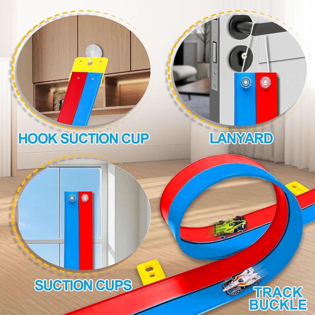 Flexibles Rennbahnspielzeug für Kinder 4,5 m mit 4 Autos & Saugnäpfen, Tragbare zweispurige Rennbahn kompatibel mit Hot Wheels & 1/64 Die-Cast-Autos,