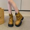 2025 New Pleated Round Head Thick-soled British Trouser Tube Boots Autumn Thick-heeled Boots