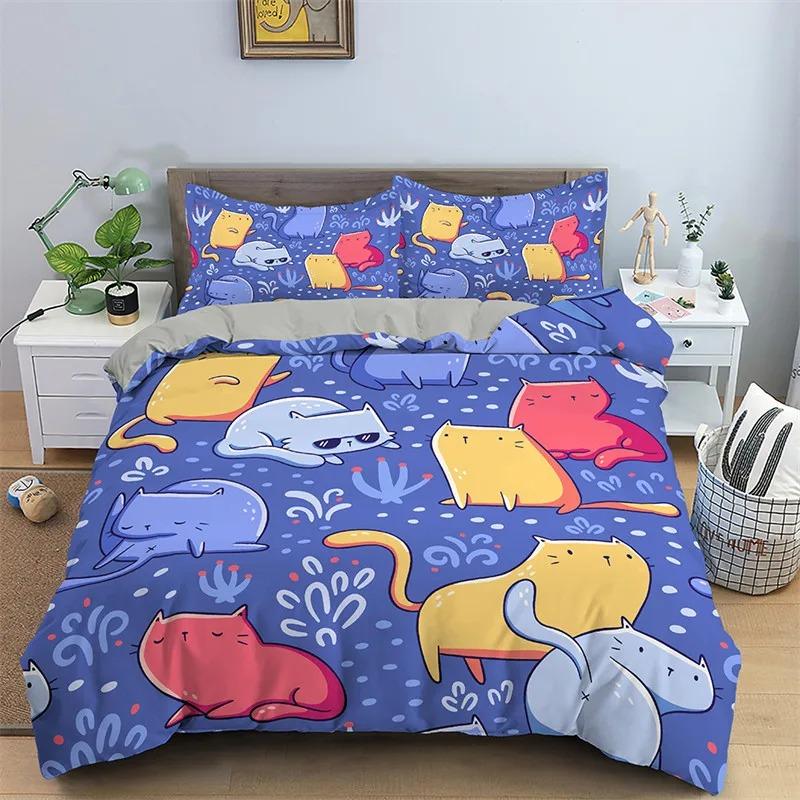 Cute Cat Bedding Set 2-3Pcs Bedroom Quilt Cover Set Single Double Size Polyester Duvet Cover Pillowcase for Adult Boy Girl