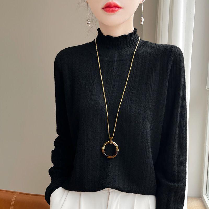 Long Sleeve Turtleneck Knitwear for Women Gentle Lace Ruffled Inner Sweater Base Layer Top