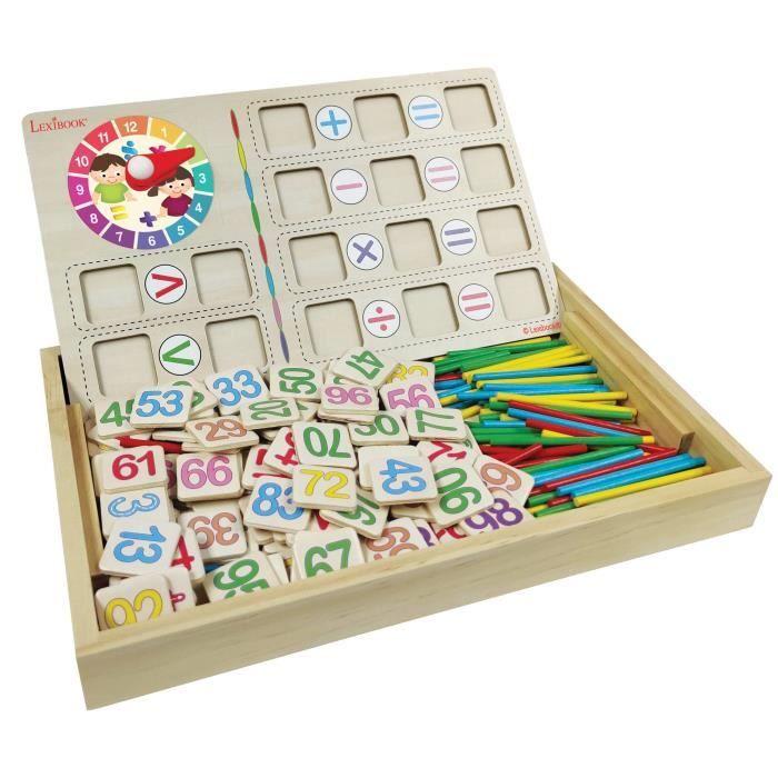 Boîte en bois L’École des Maths - Pour apprendre les maths et les opérations avec ardoise, craies, tampon effaceur, et bâtonnets