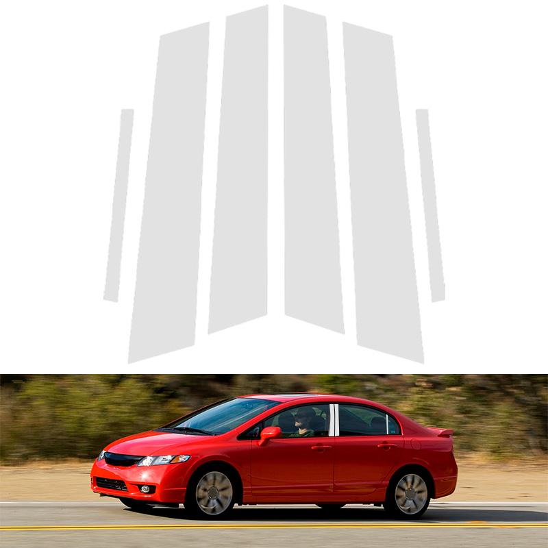 6pcs/set Silvery Car Door Window Pillar Post Trim Molding Cover B C Column Stickers Black Car Accessories For Honda Civic Sedan 2006-2011