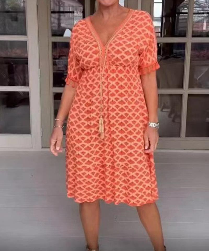 

Платье-русалка с V-образным вырезом и геометрическим принтом, с завязкой спереди и рукавами с бахромой S оранжевый