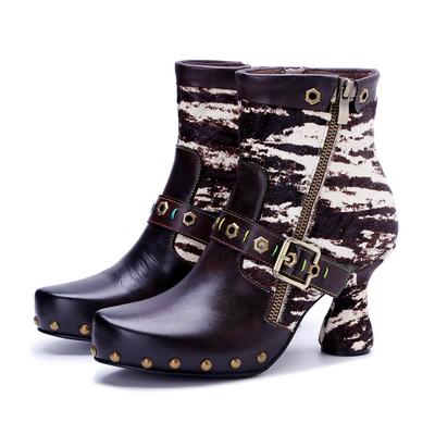 Stivali corti da donna con fibbia a cintura e rivetto in vera pelle patchwork con crine di cavallo e tacchi alti alla moda