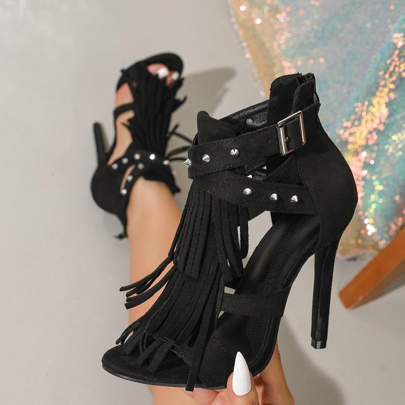 Aneikeh Summer Fashion Woman Sandals Boots Peep Toe Round Toed Tasse Rivet Buckle Decorative Zipper Stiletto High Heels Shoes