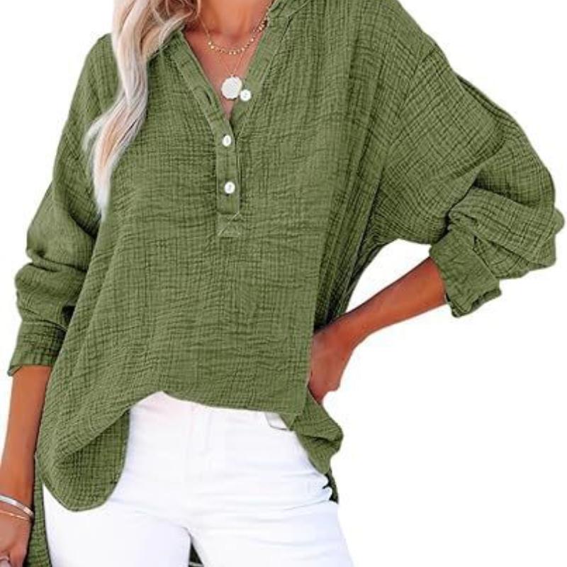 Spring and Autumn pleated button long sleeved solid color top women's shirt loose pure cotton pullover