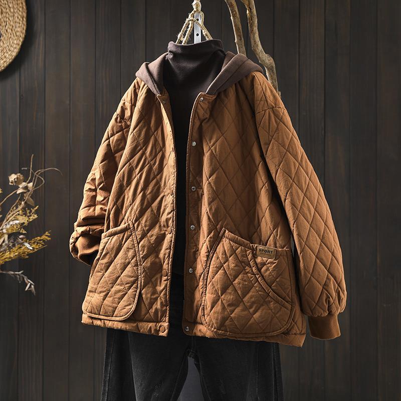Damen Übergröße Kapuzen Steppjacke aus Baumwolle mit großen Taschen - Lässiger lockerer Schnitt, Dick gefütterte Oberbekleidung.
