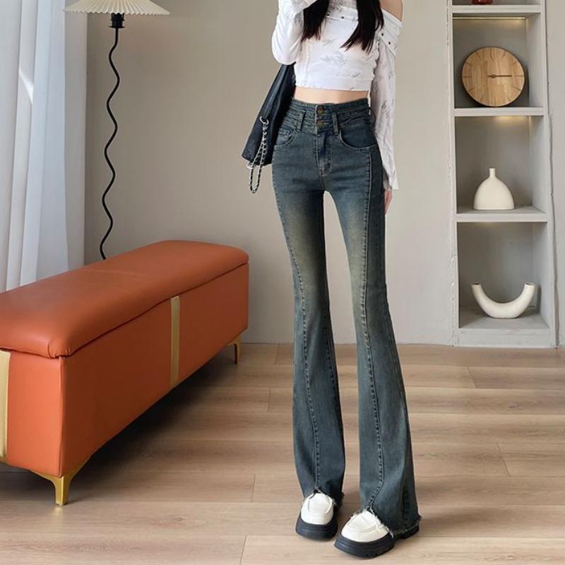 Latted Jeans for Women In Spring and Autumn New High-waisted Slim-breasted Design Horseshoe Mopping Pants