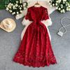 Summer Formal Evening Dress Women Hollow Out Crochet Lace Embroidery Party Long Dresses Female Short Sleeve Midi Dress