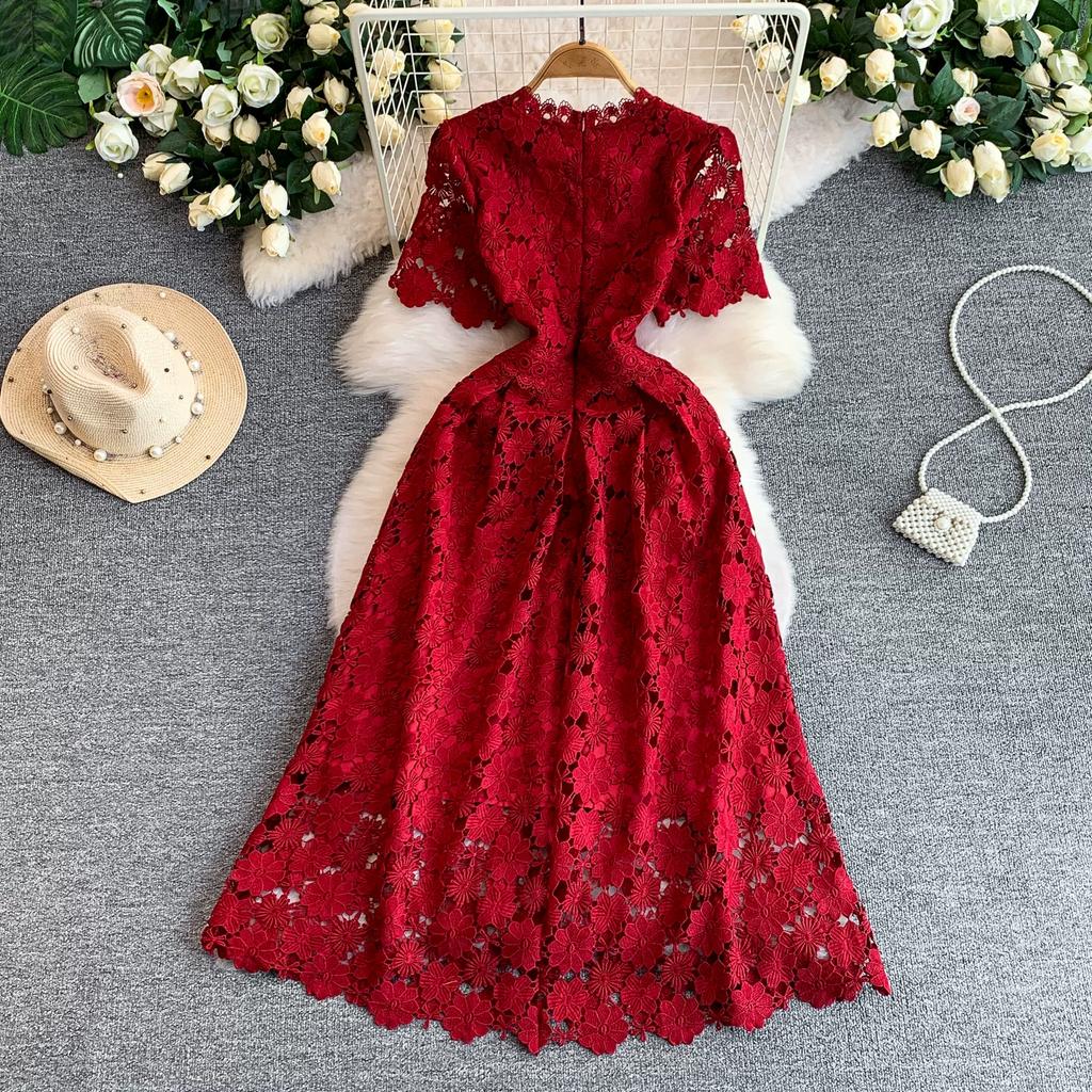 Summer Formal Evening Dress Women Hollow Out Crochet Lace Embroidery Party Long Dresses Female Short Sleeve Midi Dress
