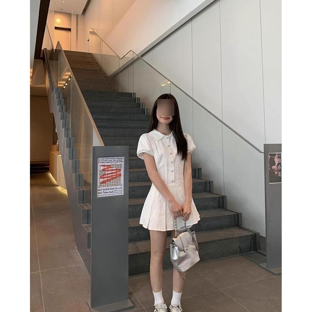 

Рубашечное платье в стиле преппи, белое, с рукавами-буфами, женское, летнее, с темпераментом, с завышенной талией, милая короткая юбка XL- (recommended 110-60kg)