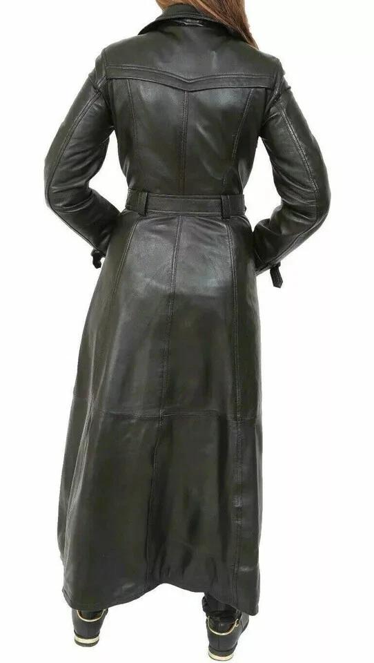 Belted Lambskin Real Leather New Women's Long Overcoat Button Trench Coat Black