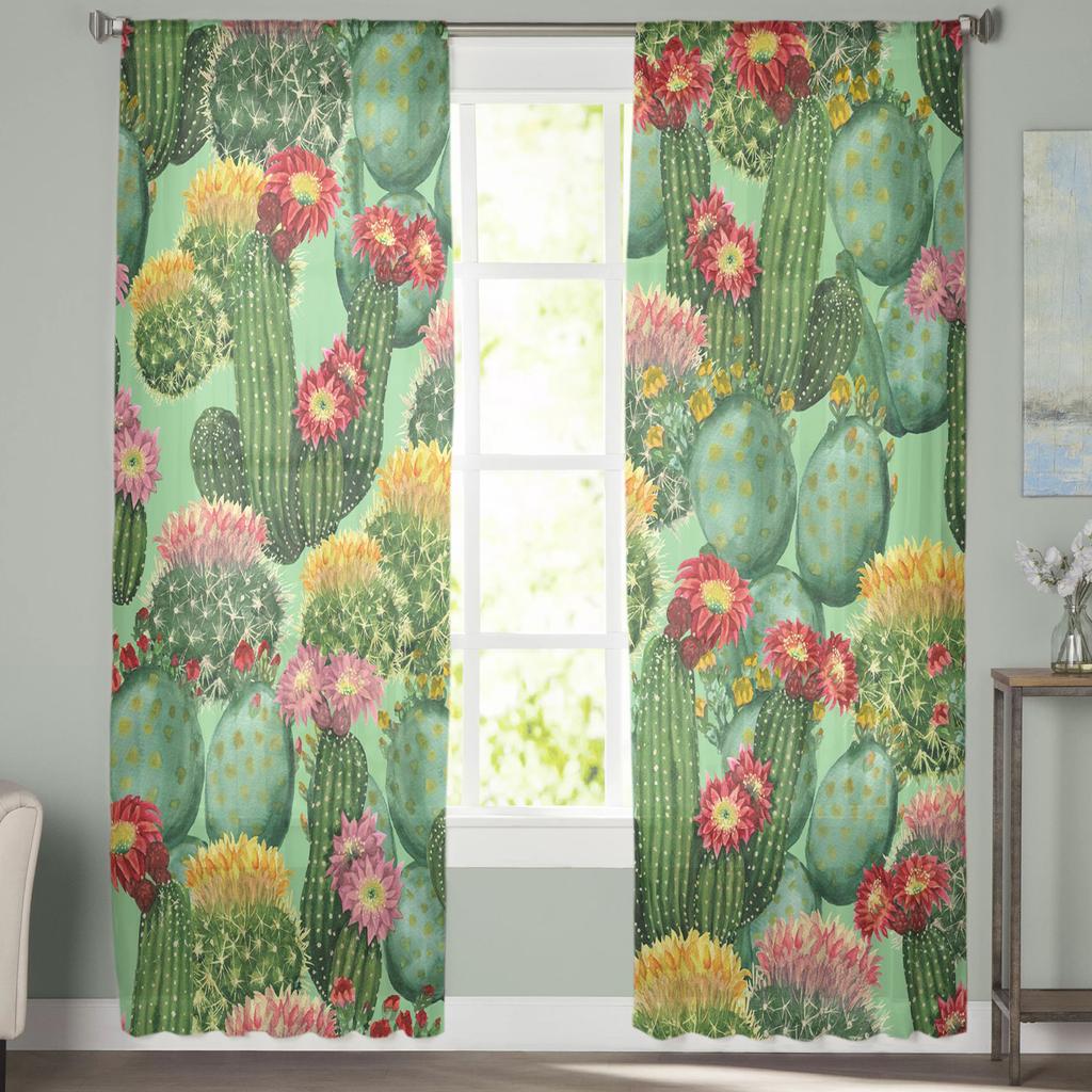 Cactus Plant Flower Watercolor Painting Tulle Curtains For Bedroom Modern Voile Curtains Home Decoration Window Curtains