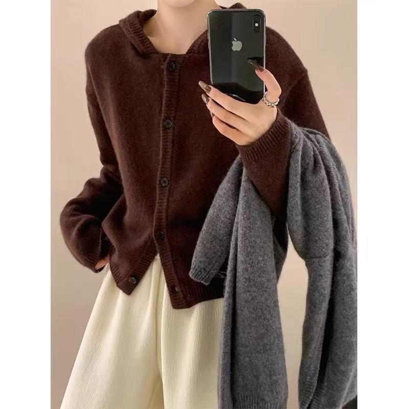 New autumn and winter simple retro hooded single-breasted knitted jacket women's plush casual knitted cardigan women's