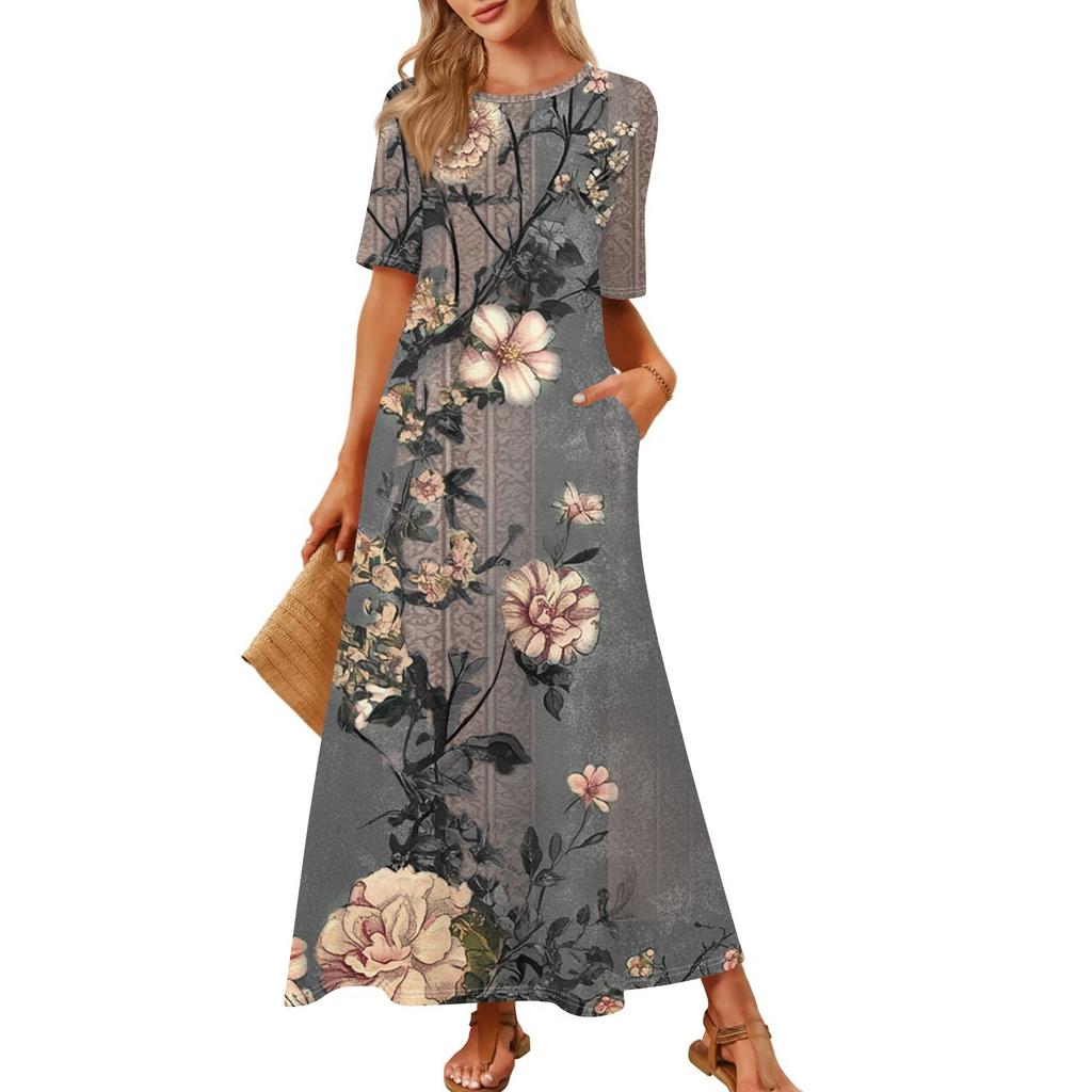 Women's Fashionable And Casual Long Beach Skirt Round Neck Short Sleeved Loose Retro Print Dress