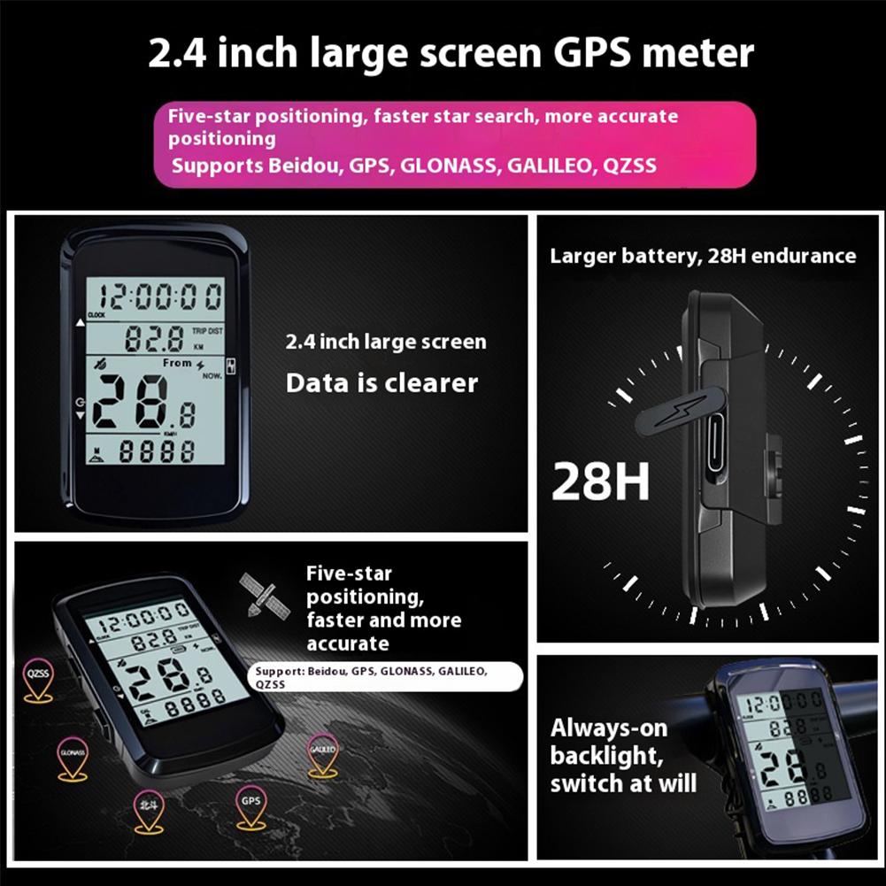 Wireless Bicycle Computer 2.4 Inch Screen GPS Bike Speedometer with Backlight Digital Stopwatch Rechargeable for Outdoor Cycling