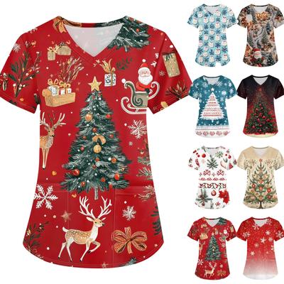 Women's Fashion V-neck Short Sleeve Workwear With Pockets Christmas Printed Tops