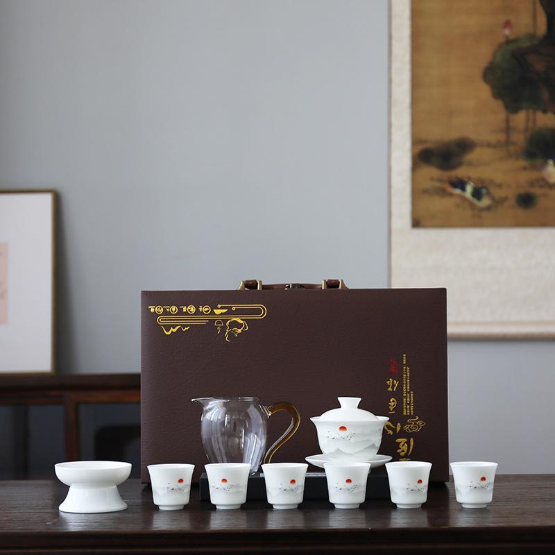 Ceramic suet jade porcelain kung fu tea set business company banking enterprise festival high-end gifts