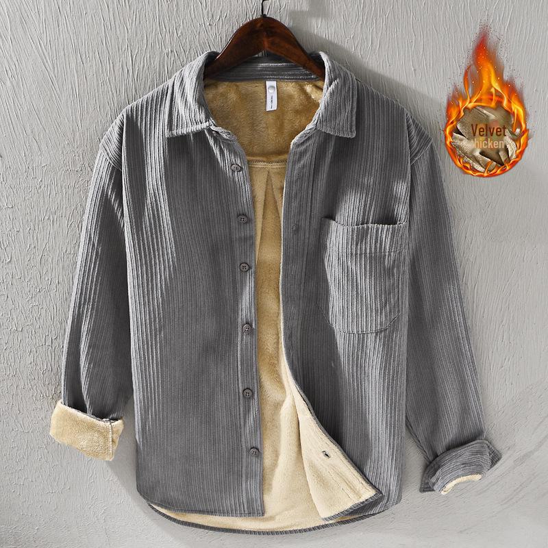 

Мужская зимняя вельветовая рубашка из бархата — теплая, свободная, повседневная с длинным рукавом (8830) M серый