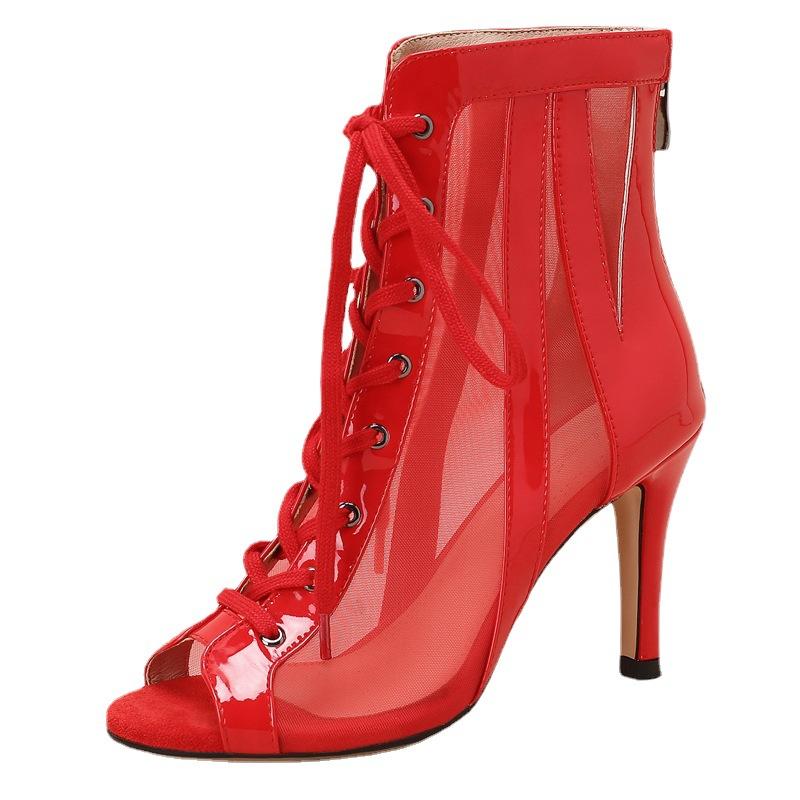 Summer Women's High Top Dance Shoes Black Ballroom Boots Salsa Tango Shoes Girl Fashion Party Mesh Cutout High Heel Sandals