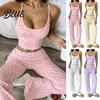 Cozy Ribbed Knit Pajama Outfits Women Pajamas Set with Floral Print Sleeveless U Neck Fashionable for Girlfriends Parties Camisole And Pants,