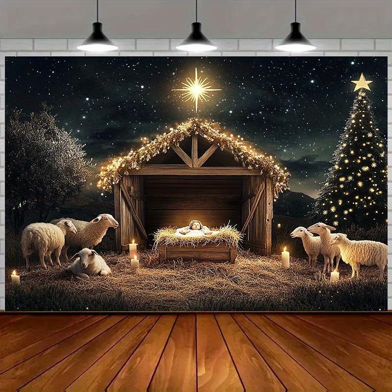 1pc Nativity Scene Background with Manger, Sheep and Christmas Star - Polyester Holiday Background Fabric for Christmas
