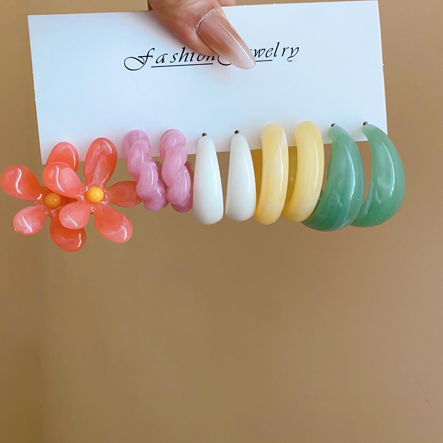 Resin Geometric C-Shape Flower Earring Set Trendy Girls Ear Jewelry
