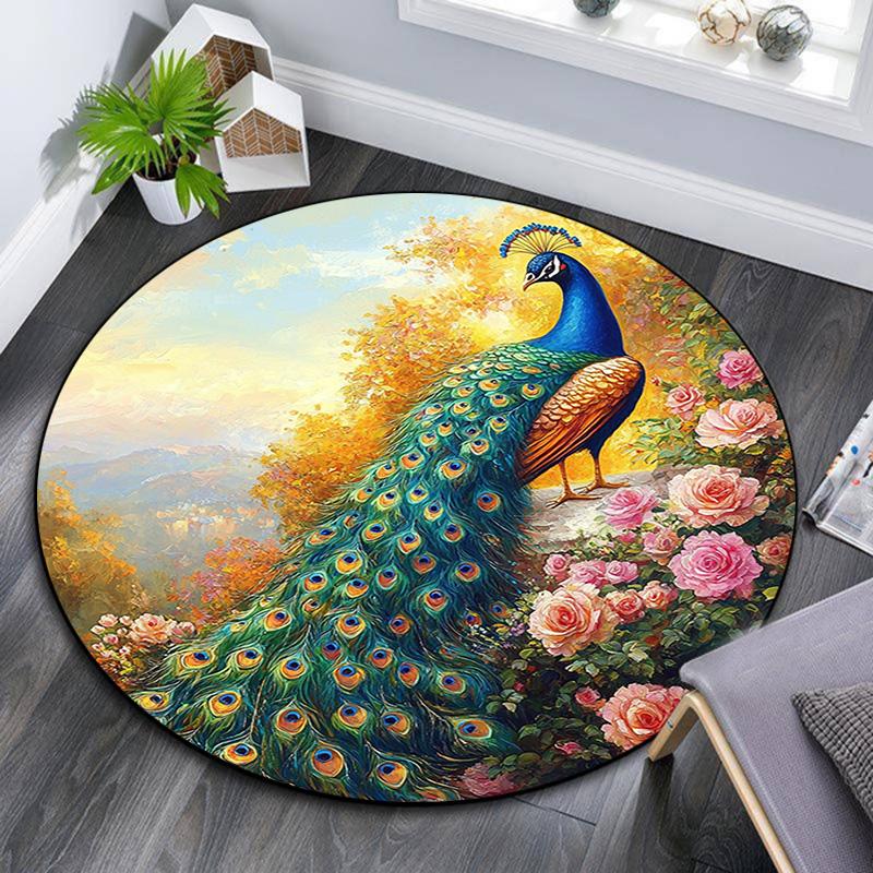 Peacock Garden Round Area Rug,Carpet Rug for Living Room Bedroom Sofa Playroom Decor,Non-slip Floor Mat