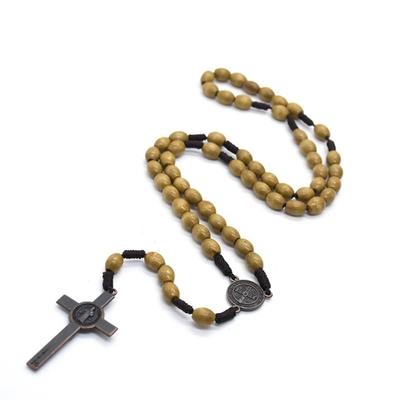 Car Hanging Ornament Handmade Rosary Necklace Wood Catholic Wood Beads Necklace Durable Deep Brown Crucifix Pendant Chain Men