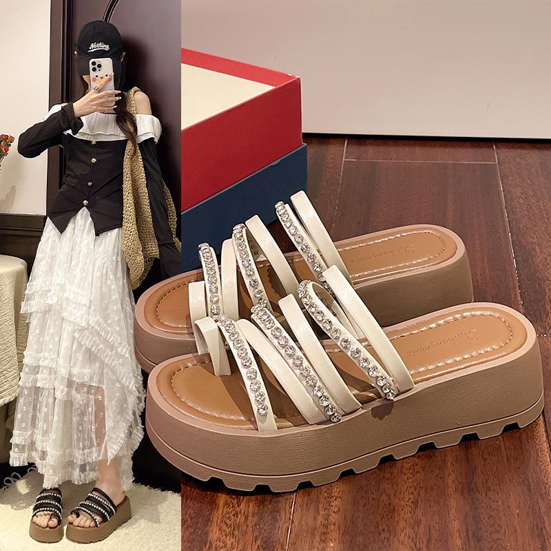 New Women's Summer Sandals Pearl Beading Slip On Women Sandals Elegant Solid Non Slip Open Toe Beach Female Platform Shoes