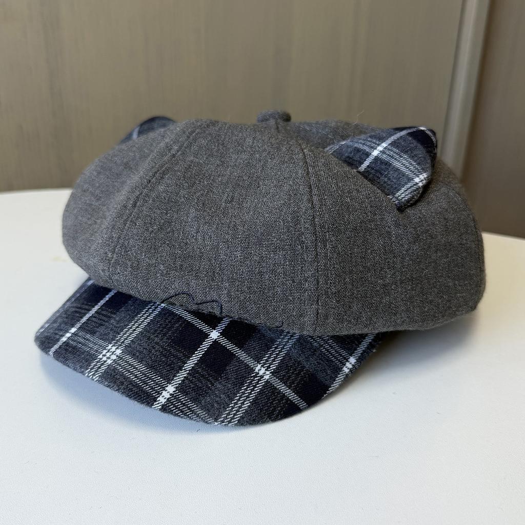 Cartoon Cute Cat Ears Plaid Octagonal Hat Female Autumn Sweet Casual Newsboy Hat Versatile Face Cap