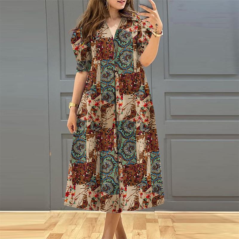 

ZANZEA Женская мода V-образный вырез буфы короткий рукав принт А-силуэт карман платья 5XL зелёный