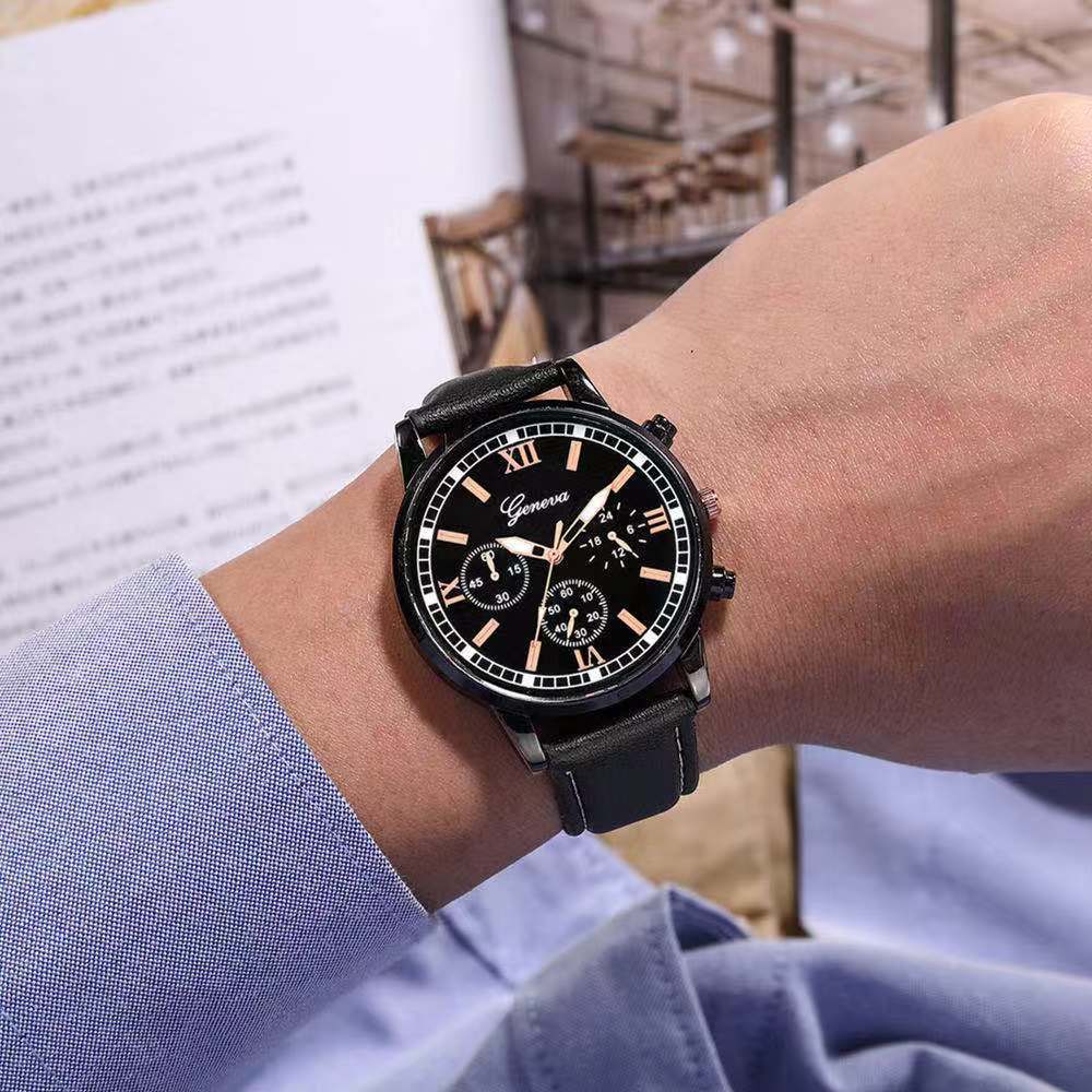 Fashion Men'S Business Watch, Black Shell Three Eyelid Strap Watch, Men'S Casual Quartz Watch
