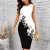 Women Plus Size Crew Neck Sleeveless Midi Dress Cyan Background Sunflower Allover Print Bodycon Dress