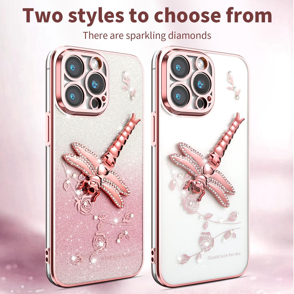 For iPhone 13 Pro Case Dragonfly Kickstand TPU Flowers Glitter Phone Cover